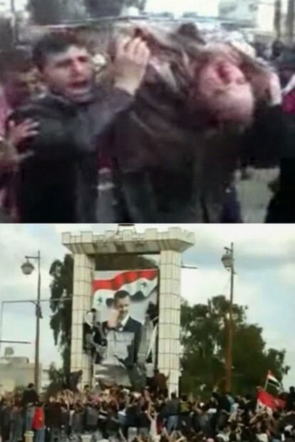 Imágenes de vídeo colgadas en redes sociales muestran a un manifestante herido en Sanamein (arriba) y una protesta el viernes en Deraa.