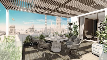 Recreación de la terraza del ático de tres plantas que se vende en la calle Montalbán por casi 14 millones de euros.