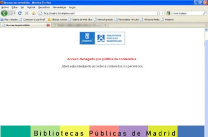 Pantalla que encontraba el usuario que trataba de acceder a páginas web del 15-M desde ordenadores de las bibliotecas municipales de Madrid.