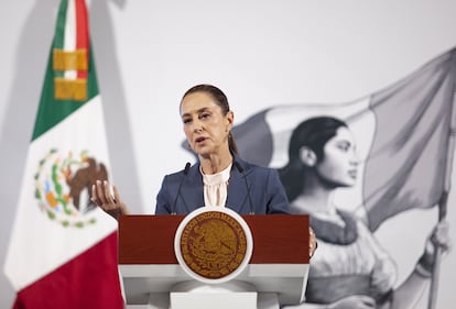 Claudia Sheinbaum en conferencia de prensa, este jueves en Palacio Nacional.