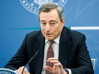 El primer ministro italiano, Mario Draghi, durante la rueda de prensa en Roma, este martes.