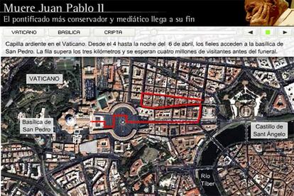 Noticias Actualidad No Inmediata
&bull; ELPAIS.es: Capilla ardiente y entierro de Juan Pablo II
http://www.elpais.es/comunes/2005/papa/entierro.html
MENCI?N