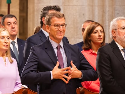 El presidente del Partido Popular, Alberto Núñez Feijóo, durante los actos con motivo de la festividad de Santiago Apóstol en la catedral de Santiago.