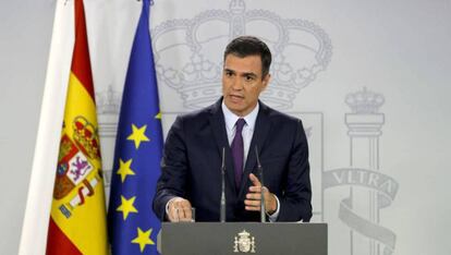 El presidente del Gobierno en funciones, Pedro Sánchez, en una rueda de prensa este jueves en el Palacio de la Moncloa. 