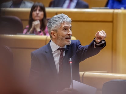 El ministro del Interior, Fernando Grande-Marlaska, interviene durante una sesión plenaria de control en el Senado.