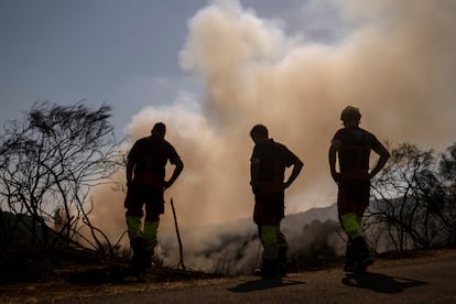 Varios bomberos participan en las labores de extinción del incendio que afecta al municipio ourensano de Vilardevós, el sábado.