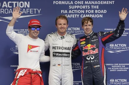 Rosberg, Vettel y Alonso, tras la sesión de clasificación del Gran Premio de Bahréin