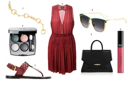 1. Gucci Pulsera de eslabones. 2. Isabel Marant Vestido sin mangas con escote en V. 3. Dior Gafas de sol con montura de metal. 4. Chanel Paleta de sombras de ojos 'Les 4 Ombres'. 5. Givenchy Tote de piel estructurado. 6. Sephora Lipgloss 'Rouge Velout Ferm'. 7. Isabel Marant Sandalia plana de piel.