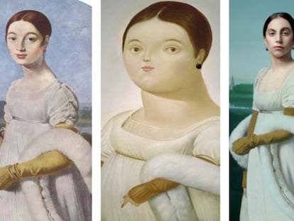 A la izquierda, 'Mademoiselle Rivière', de Ingres; en el centro, la obra de Fernando Botero que lleva el mismo título y a la derecha, Lady Gaga caracterizada como la retratada por Ingres.