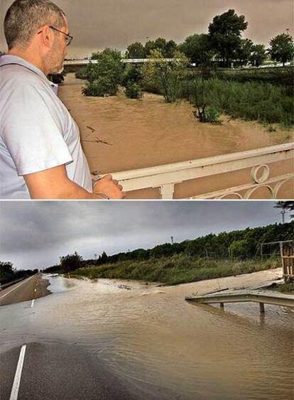 Arriba, un vecino de Alzira observa la crecida del Júcar. Abajo, la N-332 cortada entre Oliva y Pego.