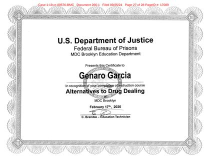 El certificado de Genaro García Luna por completar el curso 'Alternativas al tráfico de drogas', emitido por el Centro de Detención Metropolitano de Brooklyn, N.Y.