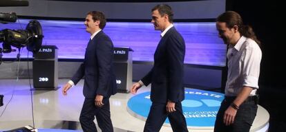 Albert Rivera, Pedro Sánchez y Pablo iglesias, este lunes.