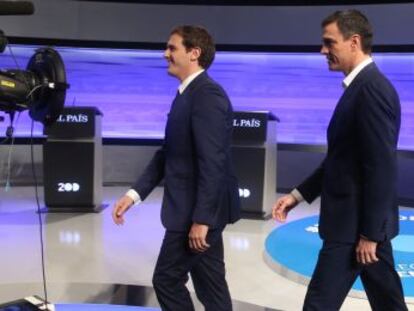 Albert Rivera, Pedro S&aacute;nchez y Pablo iglesias, este lunes.