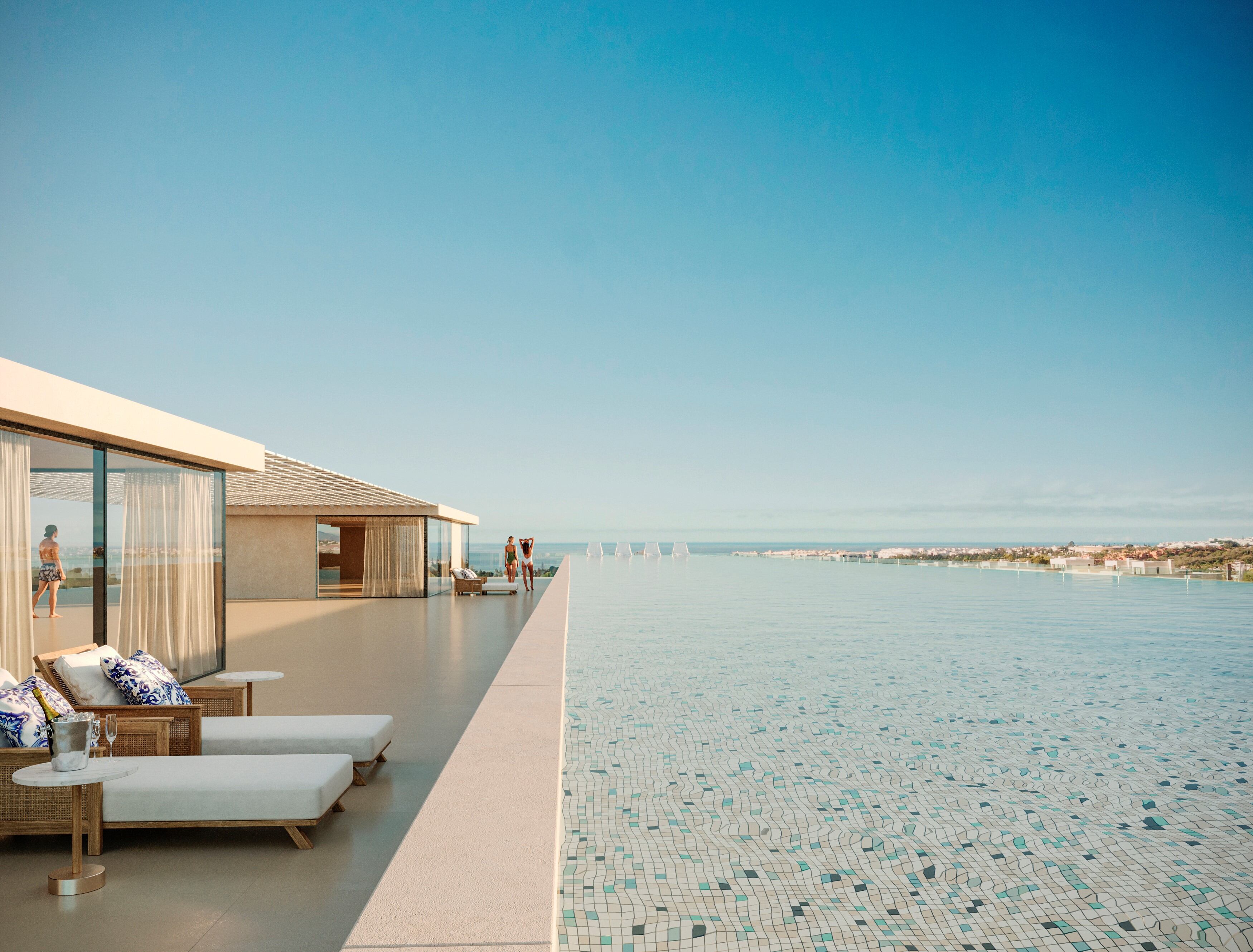 El complejo cuenta con varias piscinas infinitas, algunas de ellas en las terrazas de los edificios.