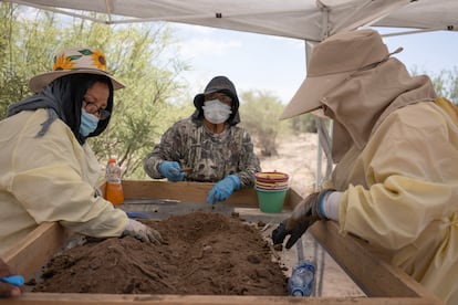 Tres madres buscadores analizan un montón de tierra en busca de restos óseos, en Coahuila, el 23 de mayo de 2023.
