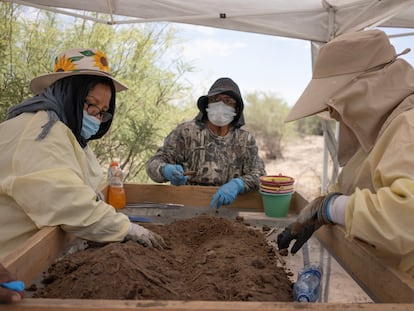 Tres madres buscadores analizan un montón de tierra en busca de restos óseos, en Coahuila, el 23 de mayo de 2023.