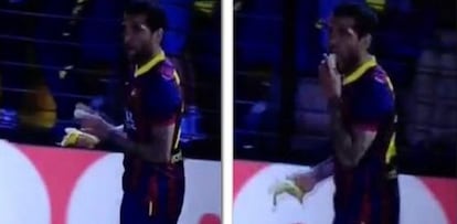 Captura televisiva del momento en el que Alves recoge y come el pl&aacute;tano. 