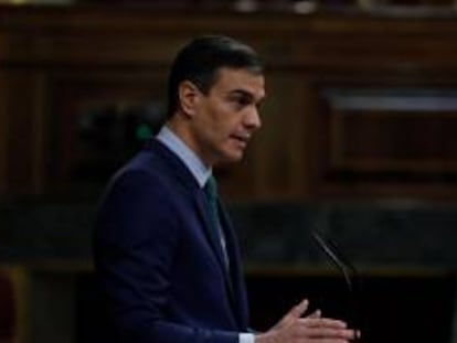 El presidente del Gobierno, Pedro Sánchez, interviene este miércoles durante la sesión de control en el Congreso de los Diputados.