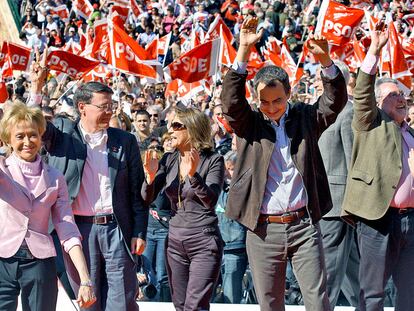 Mitin de Zapatero en Valencia en febrero de 2008, con De la Vega, Sevilla y Soria.
