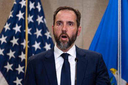 Special counsel Jack Smith speaks to the media about an indictment of former President Donald Trump, Aug. 1, 2023, at an office of the Department of Justice in Washington