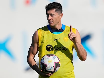 Robert Lewandowski, en un entrenamiento del Barcelona.