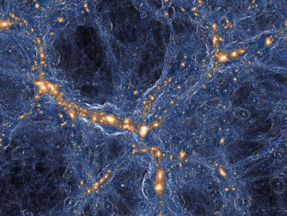 Simulación de la colaboración TNG que muestra 3.000 años luz de la red cósmica actual, donde las galaxias (color oro) han expulsado el gas que se muestra en blanco.
