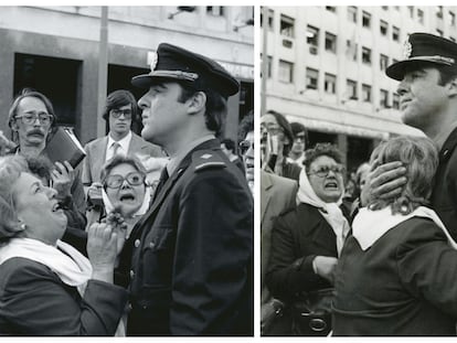 A la izquierda, la foto de Jorge Sánchez que captura el momento en que el comisario Gallone impide el paso a las madres en la Plaza de Mayo durante la manifestación del 5 de octubre de 1982. A la derecha, la imagen con el supuesto abrazo tomada por Marcelo Ranea y distribuida por la dictadura argentina.