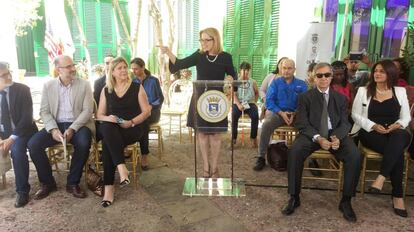 Carmen Yulín Cruz, alcaldesa de San Juan, Puerto Rico, el pasado día 10 durante la presentación de varias exposiciones que forman parte del VII Congreso Internacional de la Lengua Española que se inaugura hoy.