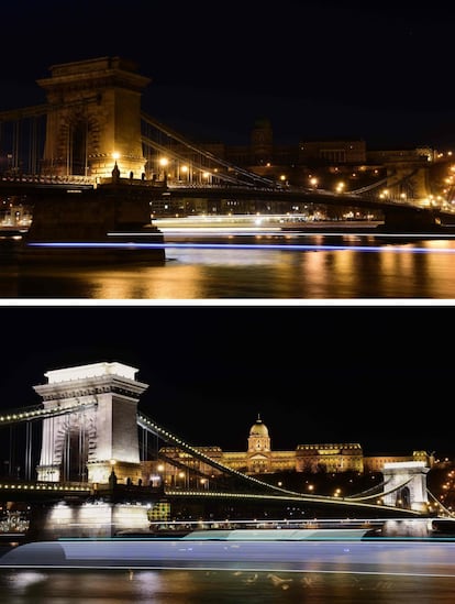En las imágenes el "Puente de las Cadenas" con el castillo de Buda en la cima de la colina en Budapest, con motivo de la La hora del Planeta.