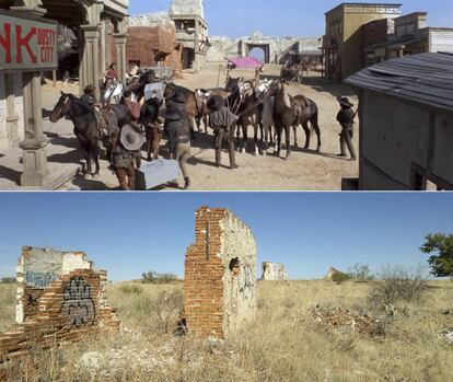 Arriba, una escena de la película 'Fantasmas en el Oeste', grabada en el poblado del Oeste de Daganzo; abajo, los únicos muros que resisten en la actualidad en aquel lugar.