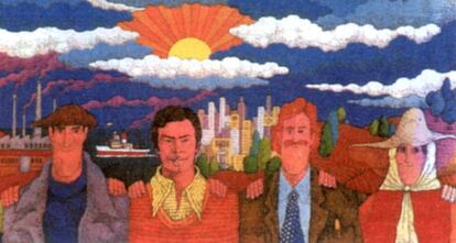 Cartel en el que el ilustrador José Ramón Sánchez dibujó a Felipe González con varios trabajadores en la campaña de las elecciones de 1977.