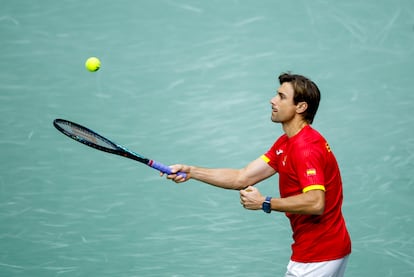 David Ferrer, esta semana durante un entrenamiento en el pabellón de la Fuente de San Luis de Valencia.