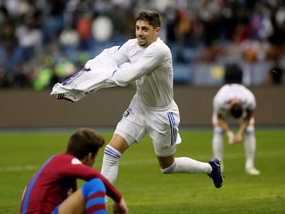 Valverde celebra el tercer gol al Barcelona en la Supercopa.