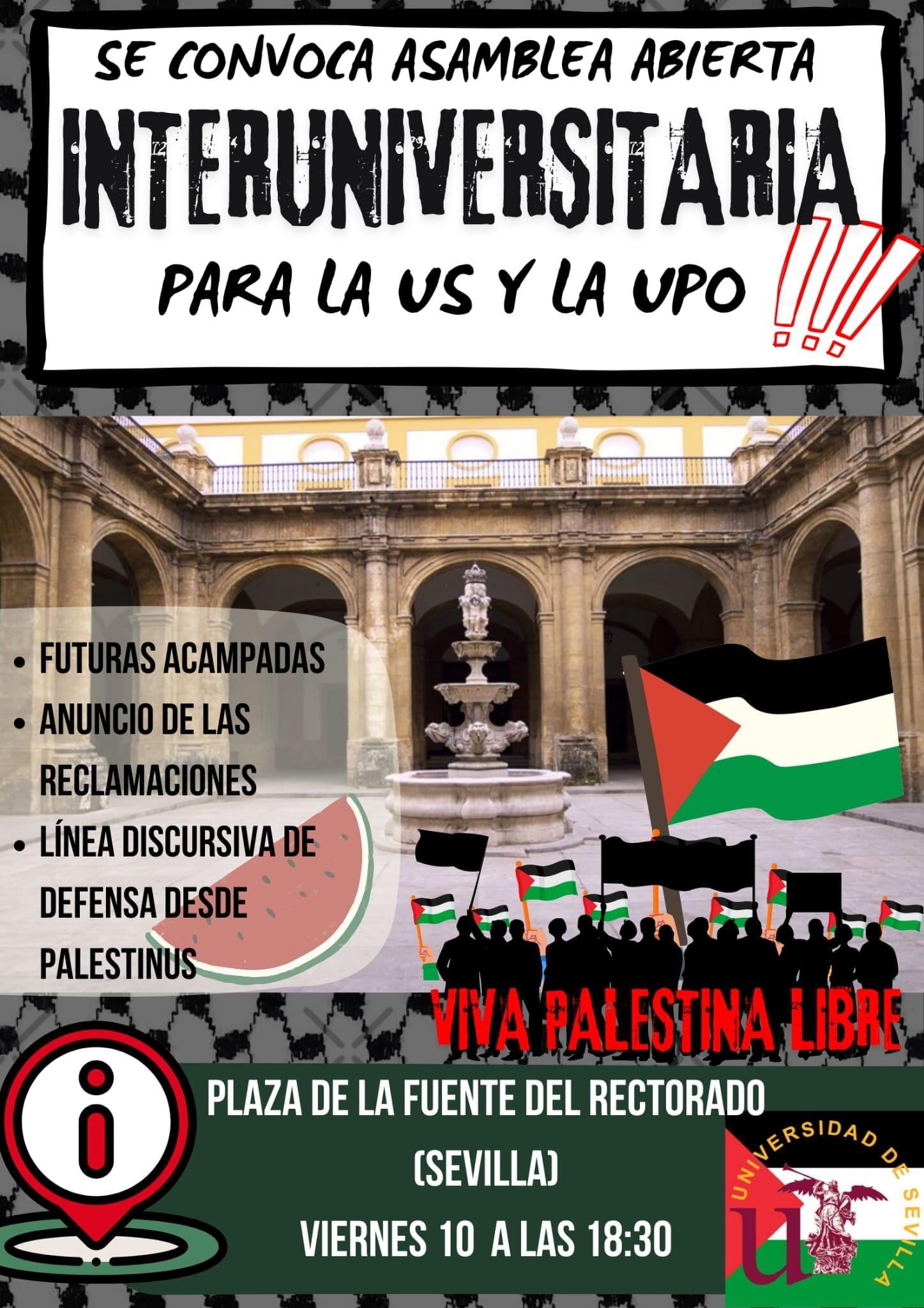 Convocatoria de la asamblea de la US y la UPO para organizar la acampada en favor de Palestina.