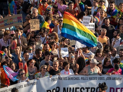 Varias personas participan en la manifestación del Orgullo LGTBI en Madrid.