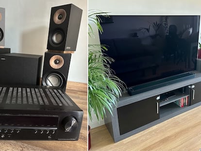 A la derecha, el 'home cinema' compuesto por un receptor AV DENON AVR-S660 y unos altavoces 5.0 Jamo S 803 HCS con el subwoofer Jamo Sub 210; a la izquierda, la barra de sonido Bose Soundbar 900.