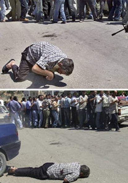 Los hombres armados disparan contra Rafia, que se encontraba agazapado en el suelo. Finalmente, el cuerpo del palestino asesinado yace mientras los vecinos de la localidad lo observan a distancia.