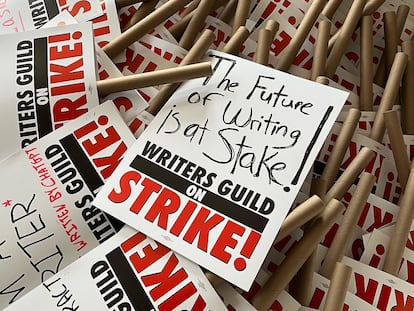 Some of the banners prepared by Writers Guild of America members for the writers' strike starting this Tuesday.