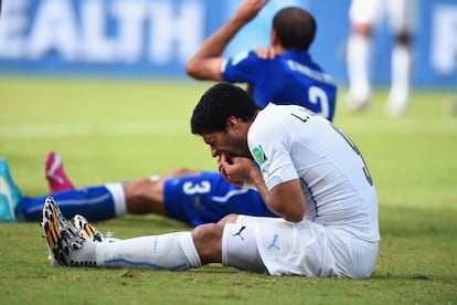 Suárez se duele tras morder a Chiellini.