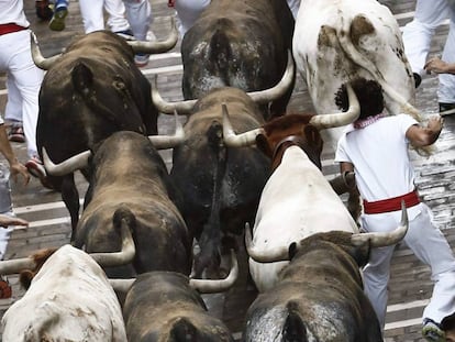 A bull-run at the Sanfermines in Pamplona.