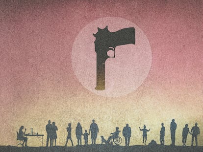 Ilustración de personas que viven bajo armas de fuego.