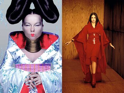Emblema musical. «Es interesante ver que para cantantes y músicos (en Japón o en cualquier parte) la prenda les ha servido, a ellos y a sus audiencias, como herramienta significativa para debatir identidades nacionales, étnicas, sexuales o de género». Björk lo usó en Homogenic (de Alexander McQueen) en 1997. Madonna, un año después, en el vídeo de Nothing Really Matters (de Jean-Paul Gaultier).
