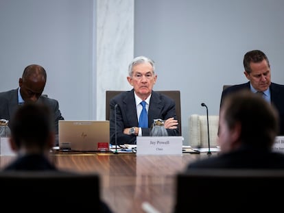 El presidente de la Reserva Federal, Jerome Powell, durante una reunión del consejo de la Reserva Federal de 2023.