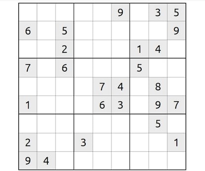 Ejemplo de Sudoku publicado por EL PAÍS.  Un Sudoku es un juego matemático cuyo objetivo es rellenar una cuadrícula de 9x9 celdas dividida en cajas de 3x3 celdas con número del 1 al 9 en cada celda de tal modo que ninguna fila tenga números repetidos, ni tampoco los tenga ninguna columna ni ninguna caja. El juego debe respetar algunos números que vienen ya dispuestos de inicio.