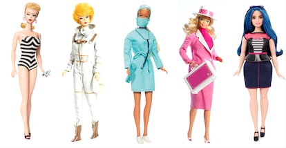 Left to right, models from 1959 (the first Barbie, in a swimsuit), 1962 (Austronaut Barbie), 1973 (Barbie Doctor), 1985 (Barbie Day to Night) and 2016 (new curvy silhouette from the Fashionistas line).