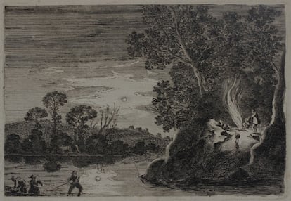 Una de las muestras más virtuosas de la estampación holandesa del XVII es esta 'Escena nocturna a la luz de la luna', de Gillis van Scheyndel, compuesto entre 1620-30. Scheyndel fue un pintor, dibujante y grabador del que se sabe poco de su vida. En este grabado destaca el detalle de la luna y su reflejo.