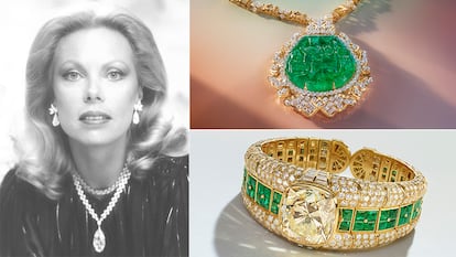 Left, portrait of Heidi Horten wearing the Briolette necklace from India. Right, above, the Grand Mogul, Harry Winston emerald necklace and, below, a diamond and emerald braclet by Bulgari.