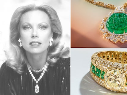 Left, portrait of Heidi Horten wearing the Briolette necklace from India. Right, above, the Grand Mogul, Harry Winston emerald necklace and, below, a diamond and emerald braclet by Bulgari.