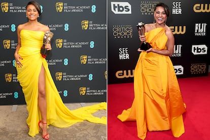 Ariana DeBose (l) at the Baftas and (r) the Critics’ Choice Awards.