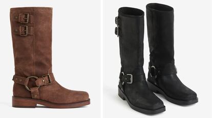 Botas moteras con hebillas y tacón para mujer, de ante, en marrón y en negro. H&M. Tendencias otoño 2023-2024.